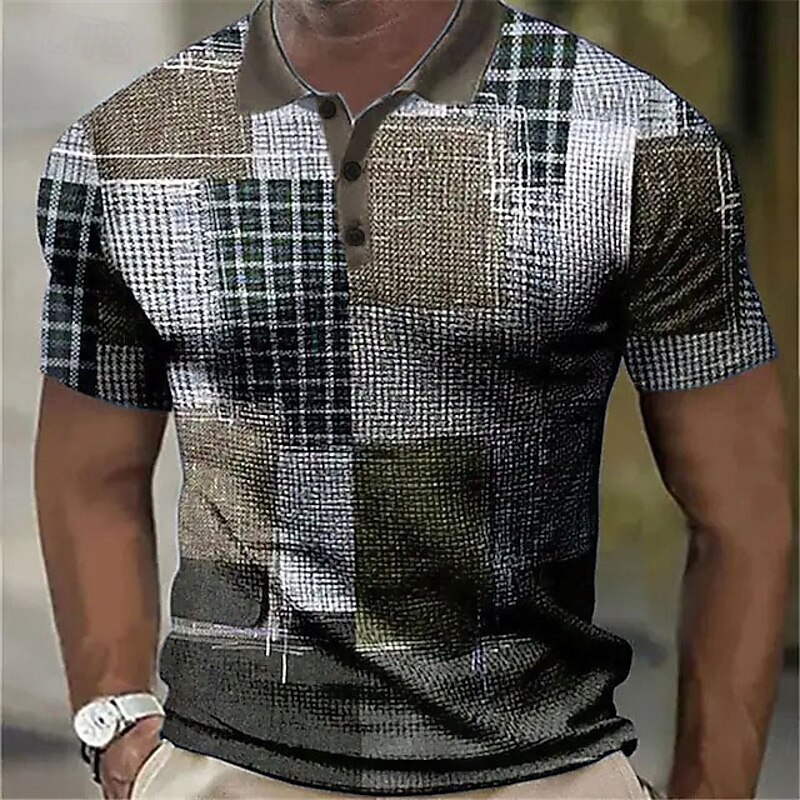 Men's Plaid Waffle Polo Shirts Golf Shirt Short Sleeve Polo Shirts Collared Shirts Vintage Casual Vacation Wear Formal Wear Festival Wear Buttons 3D Print Blue Green Khaki3