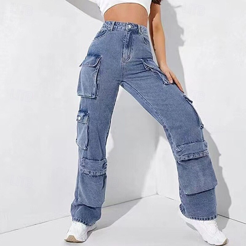 Women's Jeans Cargo Pants Pants Trousers Fashion Streetwear Full Length High Waist Solid Colored Pocket Comfortable Micro-elastic Sports & Outdoor Daily Wear Blue Spring Fall Regular Fit2