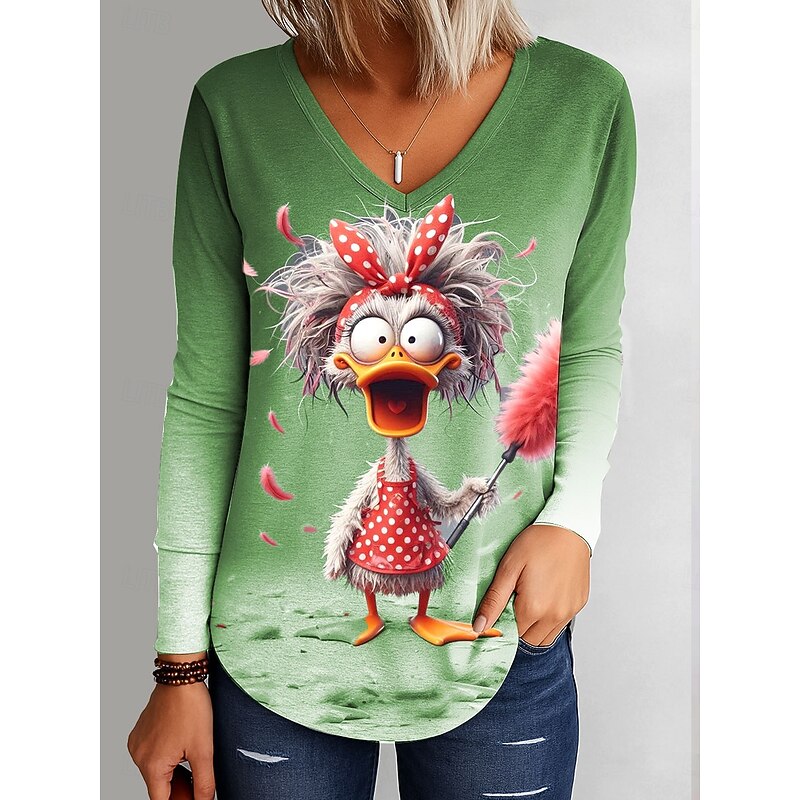 Women's T Shirt Ombre Graphic Duck Vintage Stylish Classic Long Sleeve V Neck Regular Tops Daily Print Blue Purple Green Gray Spring Fall Winter4