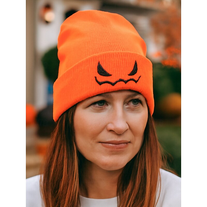 Unisex Halloween Pumpkin Smile Knit Hat - Soft Ribbed Cuffed Winter Hat, Stretch Acrylic, Embroidered Pumpkin Face - For Costume Parties, Trick-or-Treating, Fall Festivals and Everyday Wear