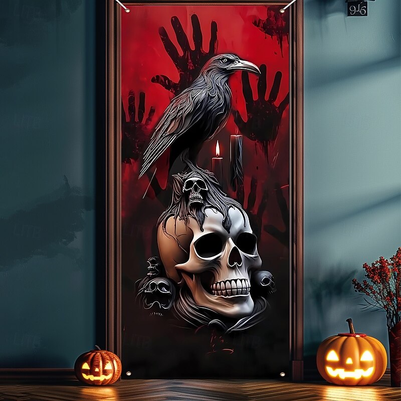 Halloween Door Cover Outdoor Banners Skeleton Crow Psychedelic Dark Punk Gothic Style Party Outdoor Shooting Backgrounds Front Door Wall Porch Home Decor2