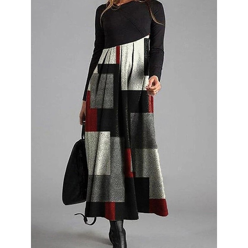 Women's Midi Dress A Line Dress Casual Daily Regular Fit Graphic Color Block Long Sleeve V Neck White Yellow Red Spring Fall Winter3