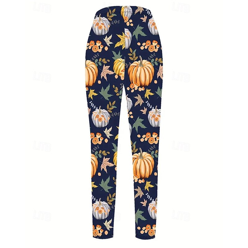 Women's Pants Trousers Leggings Cozy Leggings Streetwear Casual Full Length High Waist Pumpkin Elastic Waist Print Breathability Comfortable Stretchy Vacation Street Daily Wear Navy Blue Spring Fall2