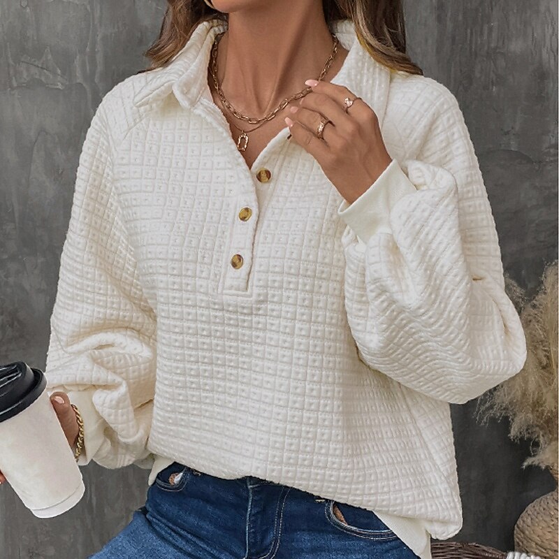 Women's Texture Sweatshirt Waffle Sweatshirt  Pullover Sweatshirt Sweatshirts Plain Streetwear Casual Long Sleeve V Neck Regular Tops Street Going out Buttons Beige Fall4