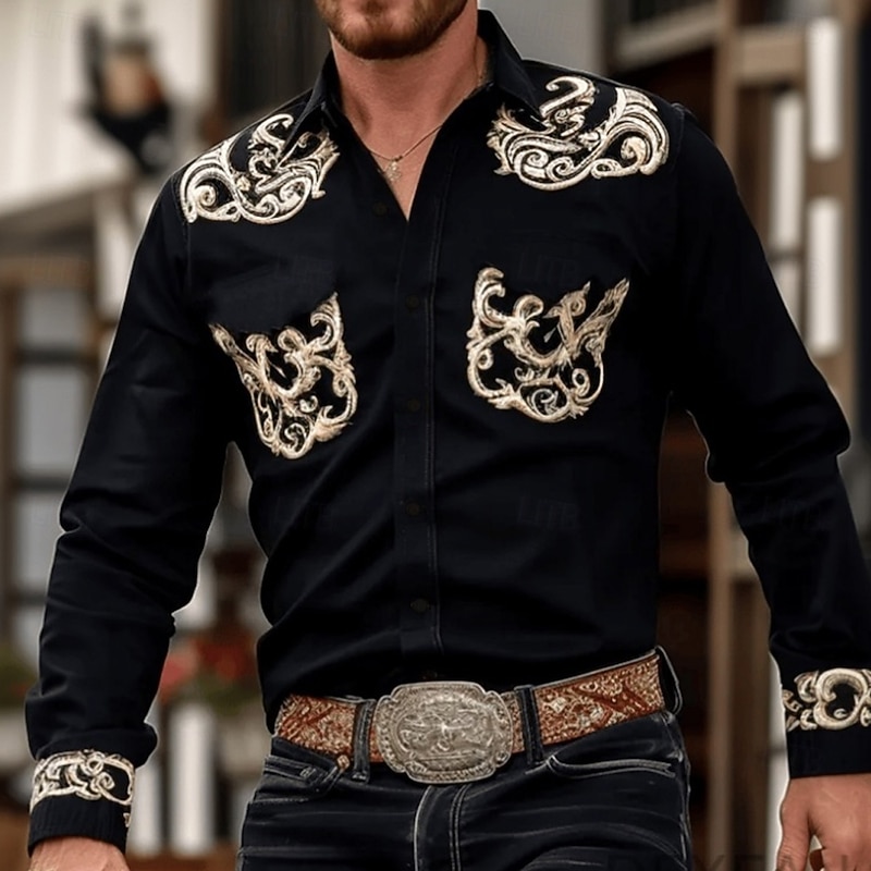 Men's Floral Print Ethnic Flowers Shirt Western Shirt Cowboy Shirt Long Sleeve Vintage Retro Outdoor Vacation Spring Fall Turndown 3D Print Linen Like Shirt Black