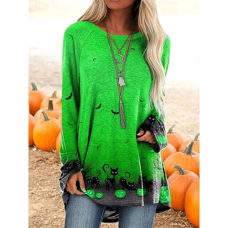 Halloween Women's T shirt Pumpkin Long Sleeve Graphic Vintage Stylish Casual Long Sleeve Crew Neck Long Tops Daily Print Black White Yellow Orange Spring Fall Prefall3