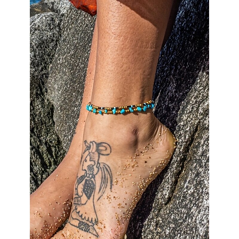 Women's Turquoise Beaded Anklet Set - Bohemian Style Double Strand Anklet with Alloy and Gemstone Embellishments, Perfect for Beach, Pool Party and Summer Fashion2