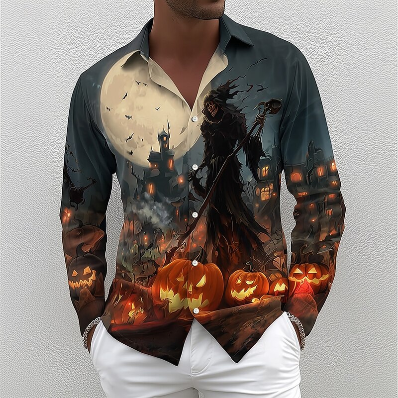 Halloween Men's Pumpkin Death Halloween Costumes Shirt Button Up Shirt Long Sleeve Casual Outdoor Holiday Summer Spring Turndown 3D Print Collared Shirts Dark Blue 2