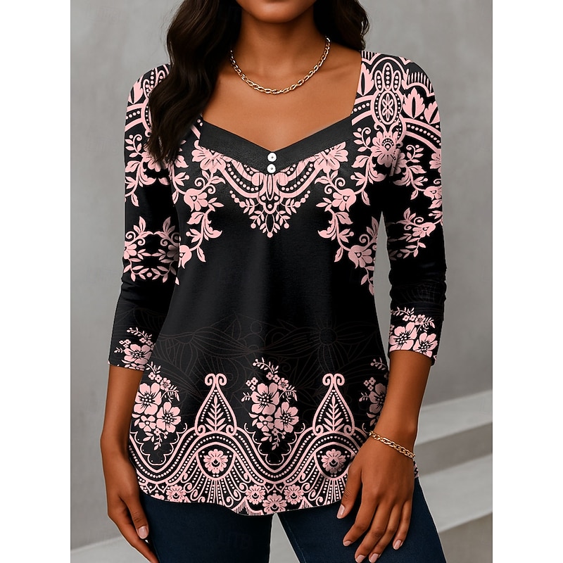 Women's T Shirt Graphic Tribal Vintage Fashion Stylish Long Sleeve V Neck Asymmetric Neck Regular Tops Daily Weekend Vacation Wear Buttons Print White Pink Blue Purple Green Summer Spring2