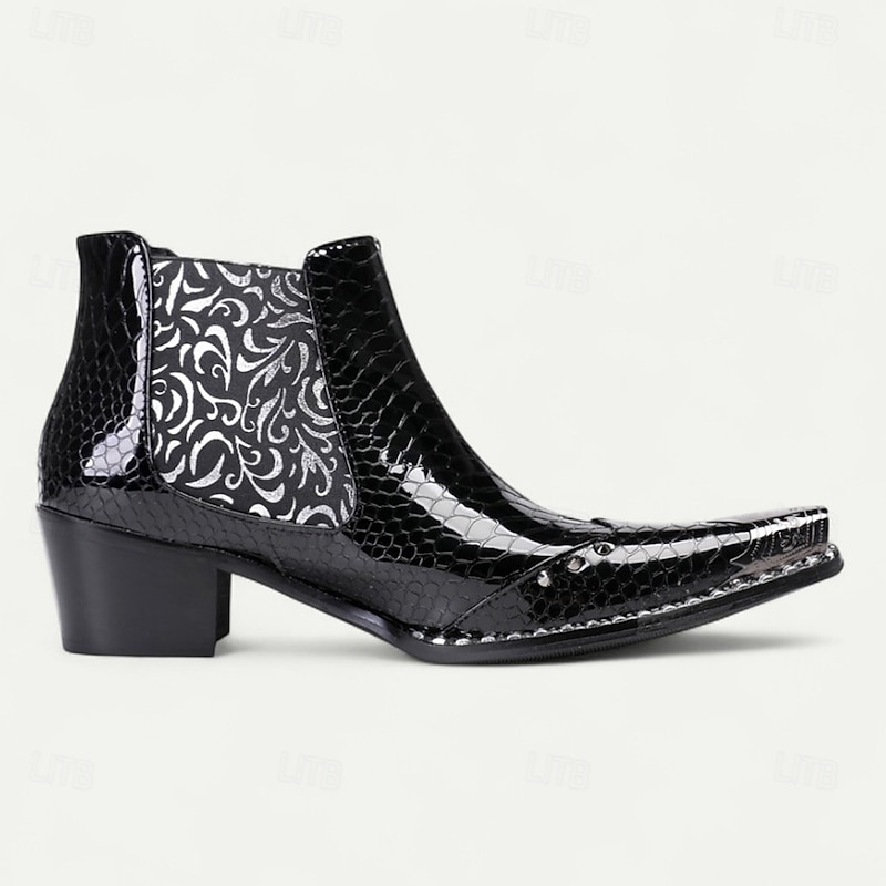 Men's Black Patent Crocodile Pattern Boots – Embossed Floral Pointed Toe Dress Shoes for Stage Shows, Parties and Night Out4
