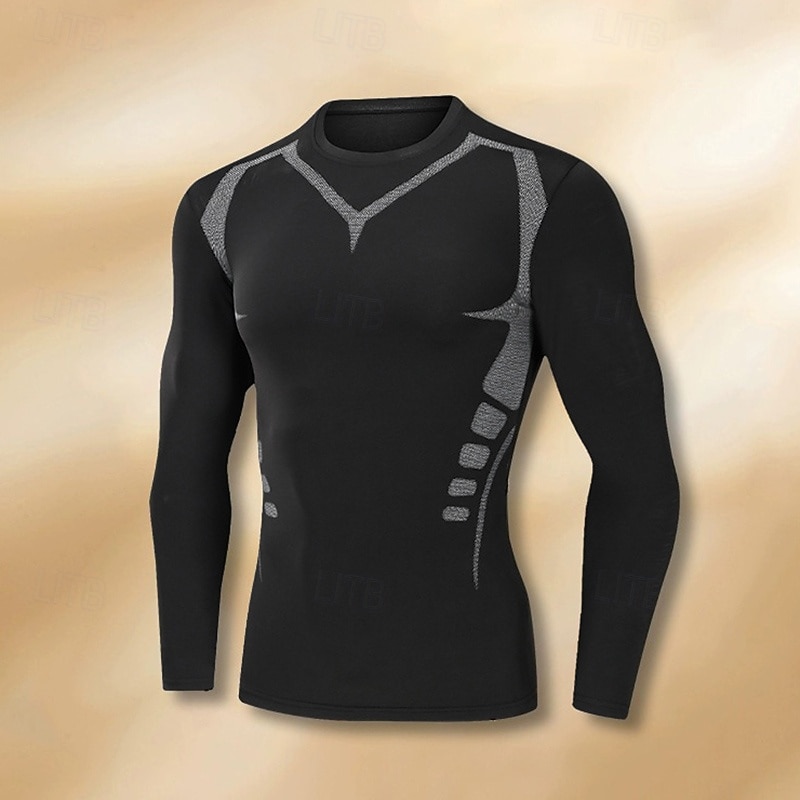 Men's Compression Shirt Fleece Base Layer Workout Tops Long Sleeve Top Athleisure Solid Colored Warm Basketball Running Yoga Sportswear Activewear black+dark grey Black Light Black2