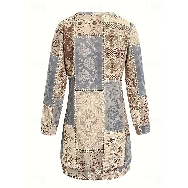 Women's Mini Dress Shift Dress Vacation Casual Birthday Daily Date Regular Fit Floral Graphic Striped Long Sleeve Crew Neck Light Brown Fall Winter3
