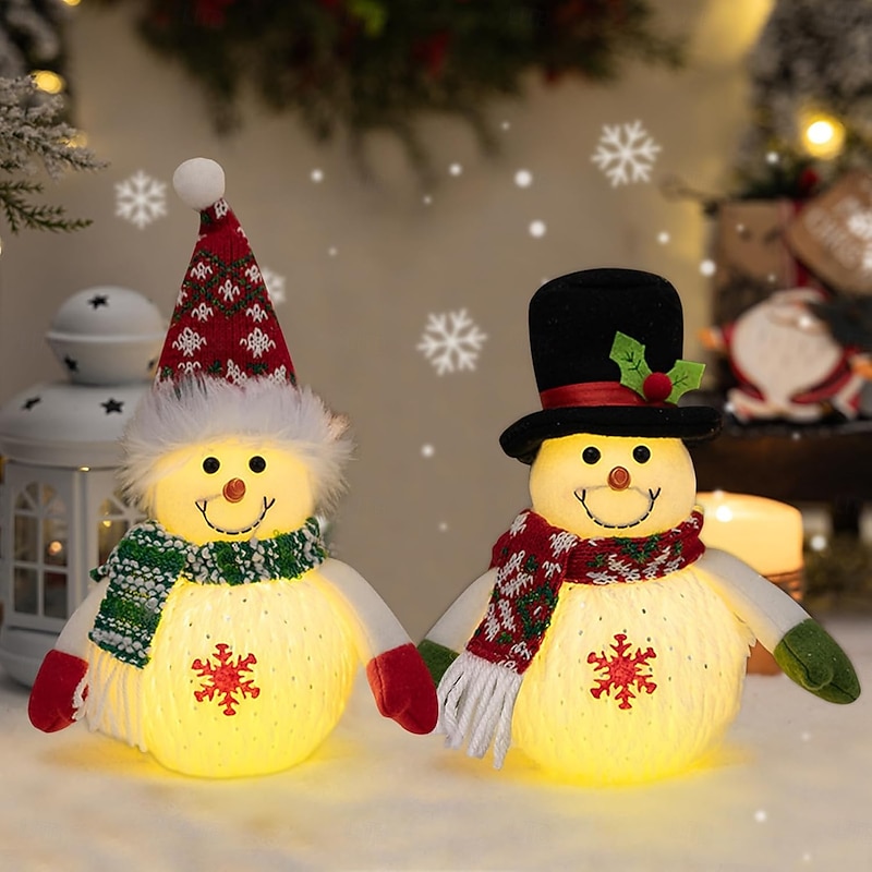 Lighted Christmas Snowman Plush Figurine, LED Tabletop Window Decoration for Indoor Holiday Decor, Winter Xmas Home Kitchen Party Accent