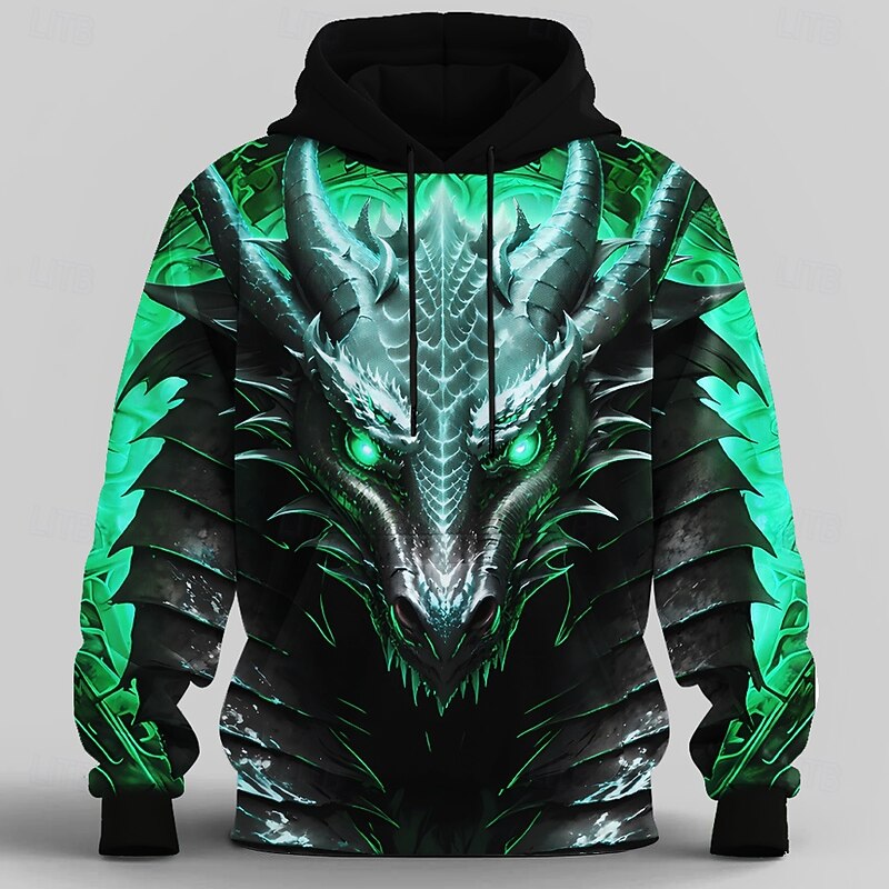 Men's Dragon 3D Hoodie Sweatshirt Cool Party Crew Neck Club Streetwear Blue Orange Drawstring Fall Winter Designer2