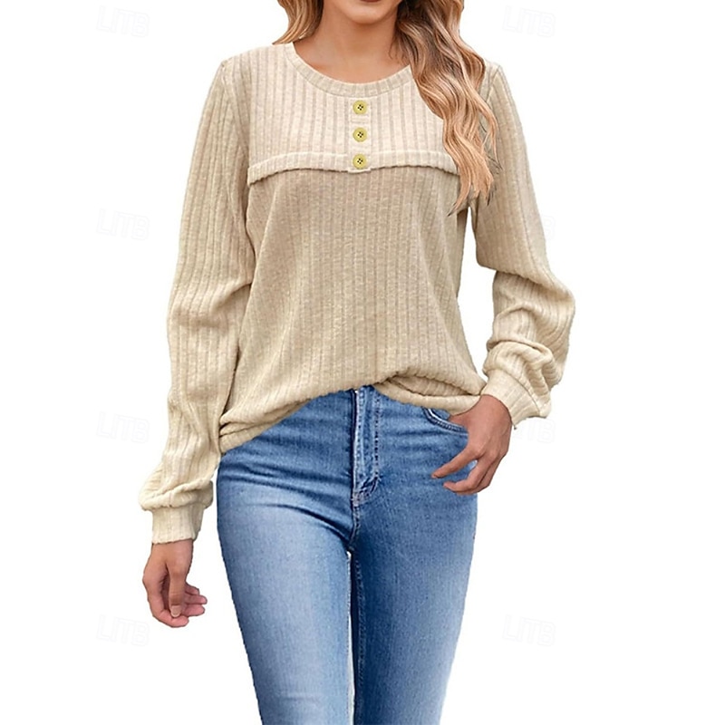 Women's Blouse Plain Modern Casual Long Sleeve Crew Neck Regular Tops Daily Holiday Going out Buttons Wine Beige Fall
