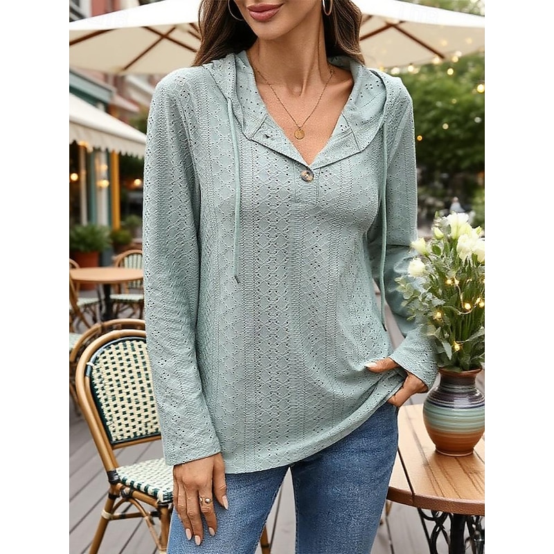 Women's Texture Sweatshirt Pullover Hoodie Sweatshirt Plain Streetwear Casual Comfy Long Sleeve Hooded Regular Tops Street Holiday Going out Buttons Black Pink Navy Blue Green Fall