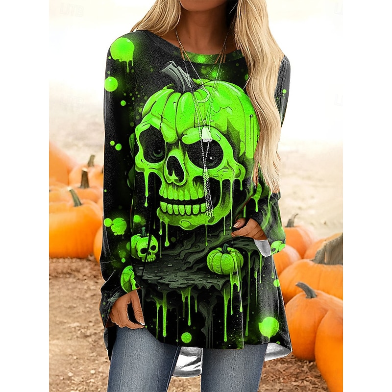 Halloween Women's T Shirt Skulls Graphic Pumpkin Vintage Stylish Casual Long Sleeve Crew Neck Regular Tops Daily Print Pink Blue Orange Green Gray Spring Fall3