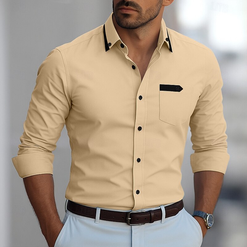 Men's Shirt Dress Shirt Plain Formal Wedding Wine Blue Green khaki Long Sleeve Turndown Summer Spring Clothing Apparel Patchwork4