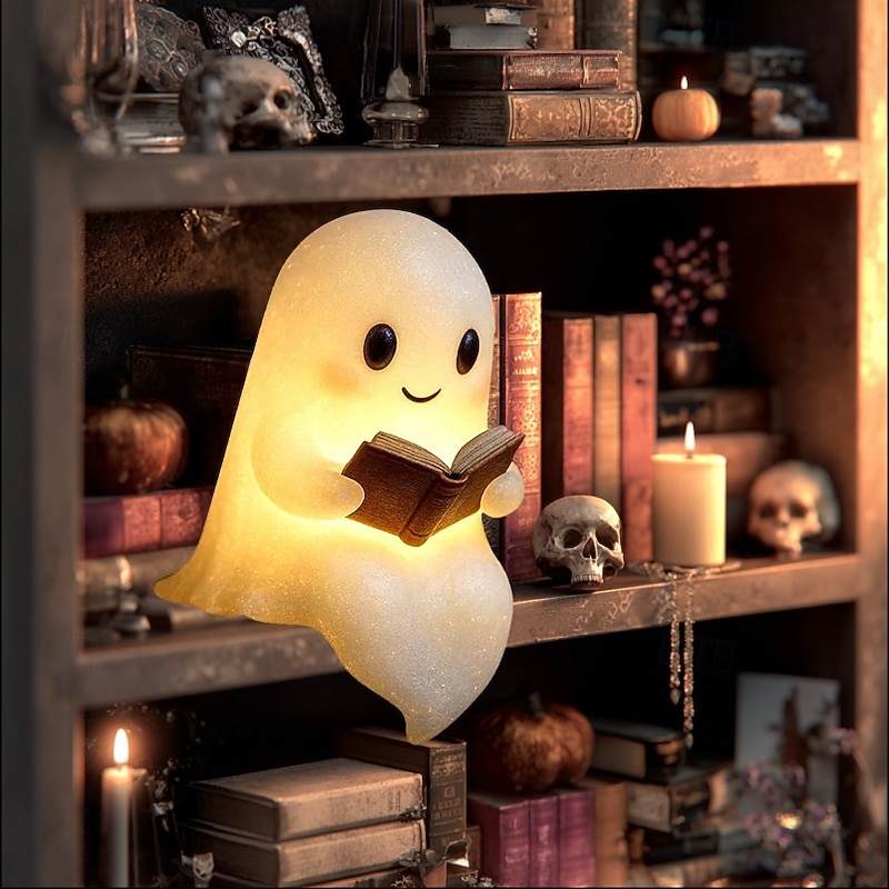1 Pc 15cm/6 inch Halloween Cute Ghost Reading Decoration Light Dining Table Bedroom Bookshelf Courtyard Desktop Cute Night Light