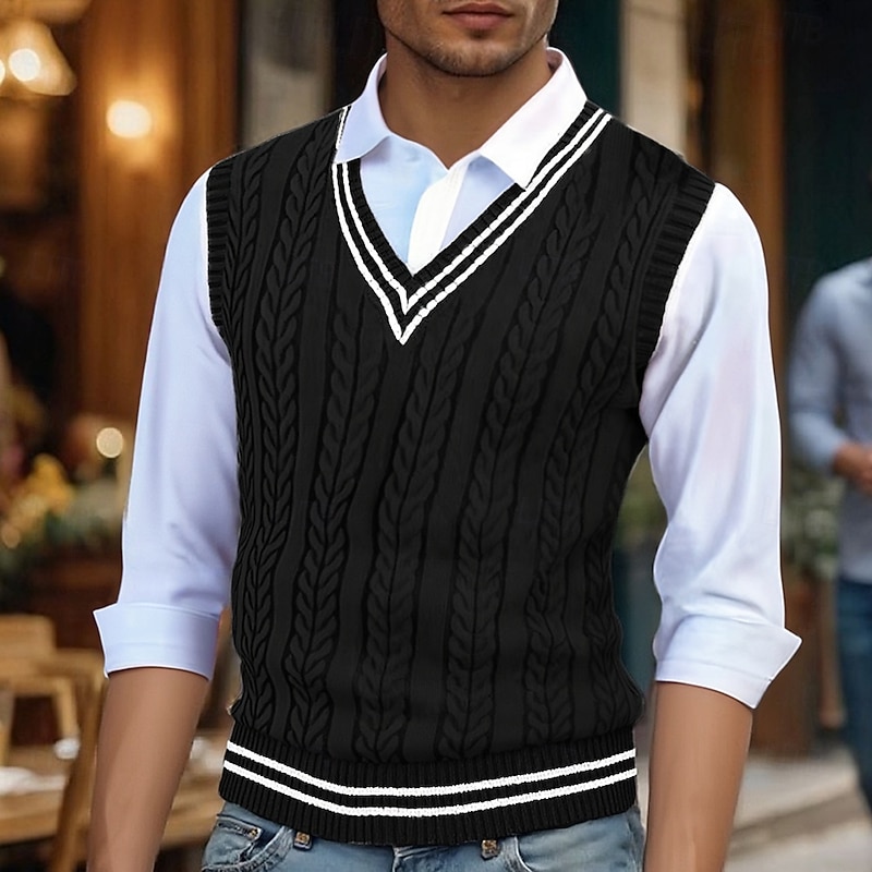 Men's Sweater Vest Dress Sweater Pullover Sweater Jumper Vest Knit Sweater Ribbed Cable Knit Regular Tops Knitted Color Block V Neck Fashion Casual Vacation Daily Wear Clothing Apparel Fall Winter4