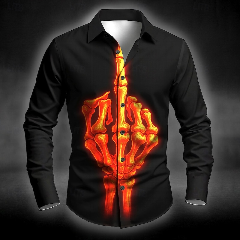 Halloween Men's Skeleton Middle Finger Halloween Costumes Shirt Button Up Shirt Long Sleeve Dark Punk Gothic Style Outdoor Holiday Summer Spring Turndown 3D Print Collared Shirts Blue Purple Orange3
