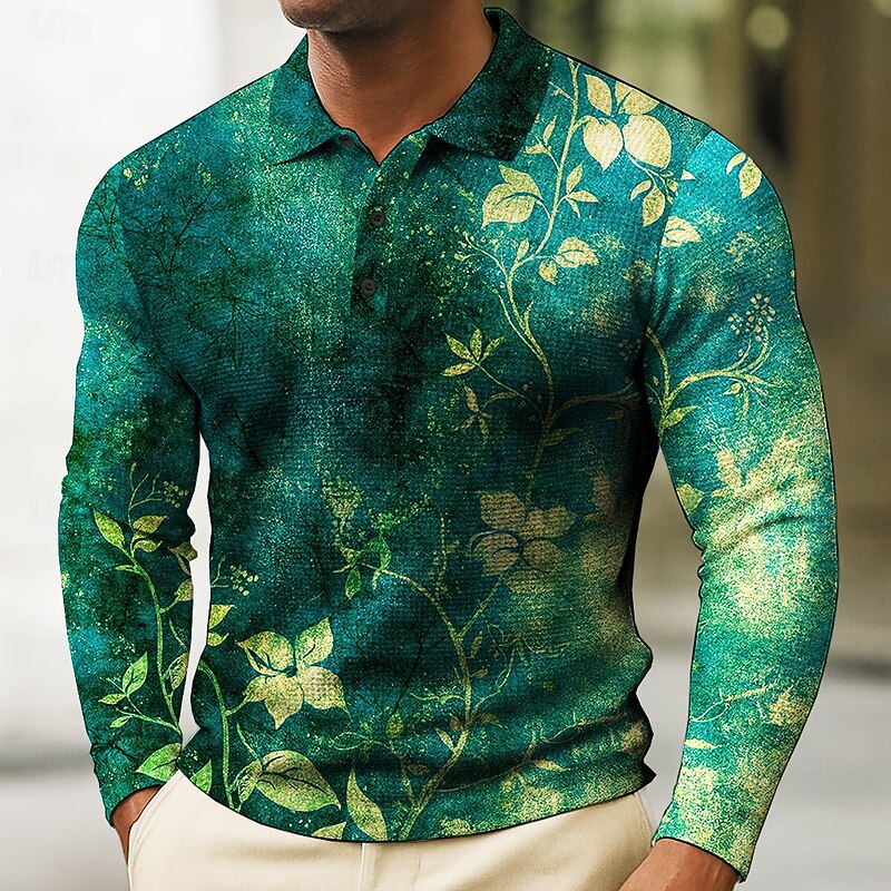 Men's Floral Waffle Polo Shirts Long Sleeve Polo Shirts Collared Shirts Casual Athleisure Daily Wear Buttons Spring Fall Winter Black Blue Green3