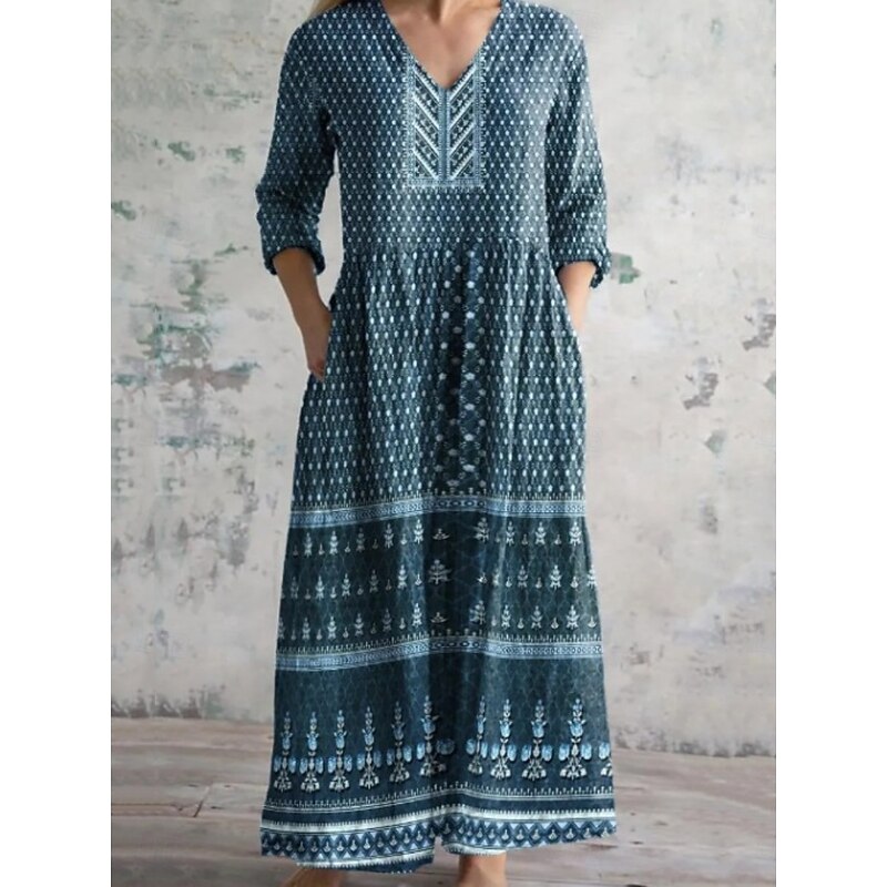 Women's Maxi Dress A Line Dress Casual Daily Regular Fit Floral 3/4 Length Sleeve V Neck Blue Green Apricot Beige Summer Spring Fall3