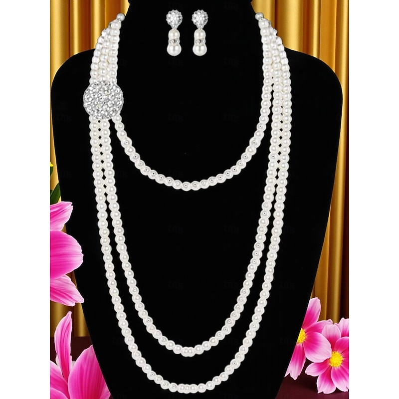 Women's 1920s Pearl Necklace and Earrings Set - Three-Layer Faux Pearl Beaded Jewelry with Rhinestone Brooch Detail, Vintage Gatsby Flapper Style Accessories for Cocktail Parties, Weddings and Themed2