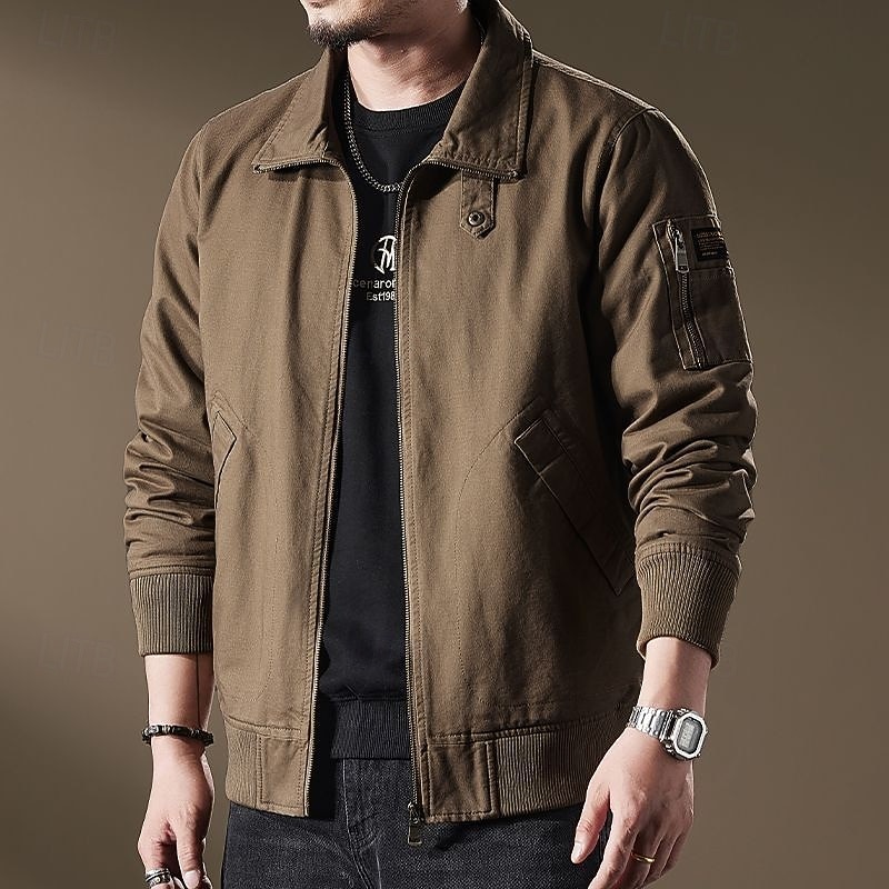 Men's Shirt Jacket Winter Jacket Plain Vacation Daily Wear Black Khaki Army Green Long Sleeve Lapel Fall Winter Clothing Apparel Zip Up