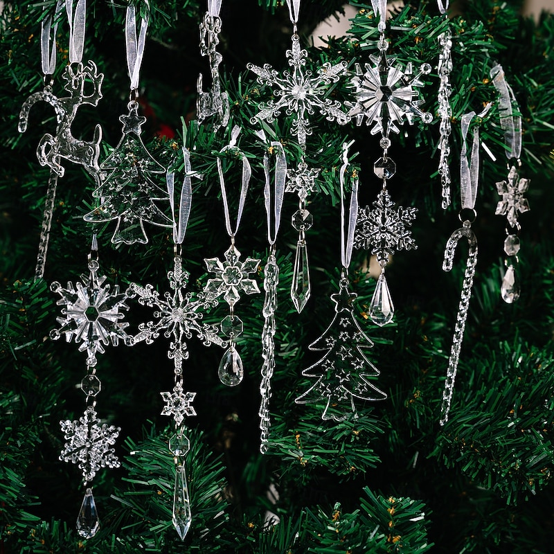 14Pcs Christmas Tree Crystal Ornaments Snowflakes Decorations, Clear Acrylic Snowflake Hanging Ornaments with Icicle Drop Reindeer for Xmas Tree Winter Holiday Wedding Home Party Decor
