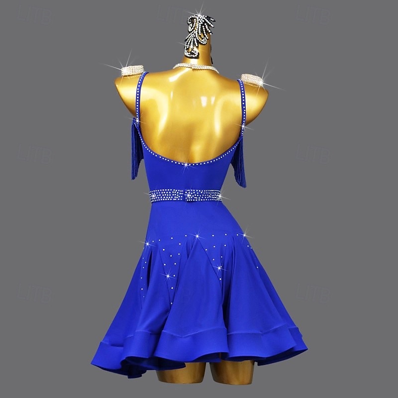 Latin Salsa Dance Dress Rhinestone Tassel Pure Color Women's Performance Training Sleeveless Spandex2