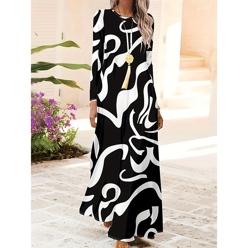 Women's Maxi Dress A Line Dress Summer Dress Vacation Casual Daily Regular Fit Graphic Geometric Long Sleeve Crew Neck Deep Green Black White Brown Spring Fall Winter
