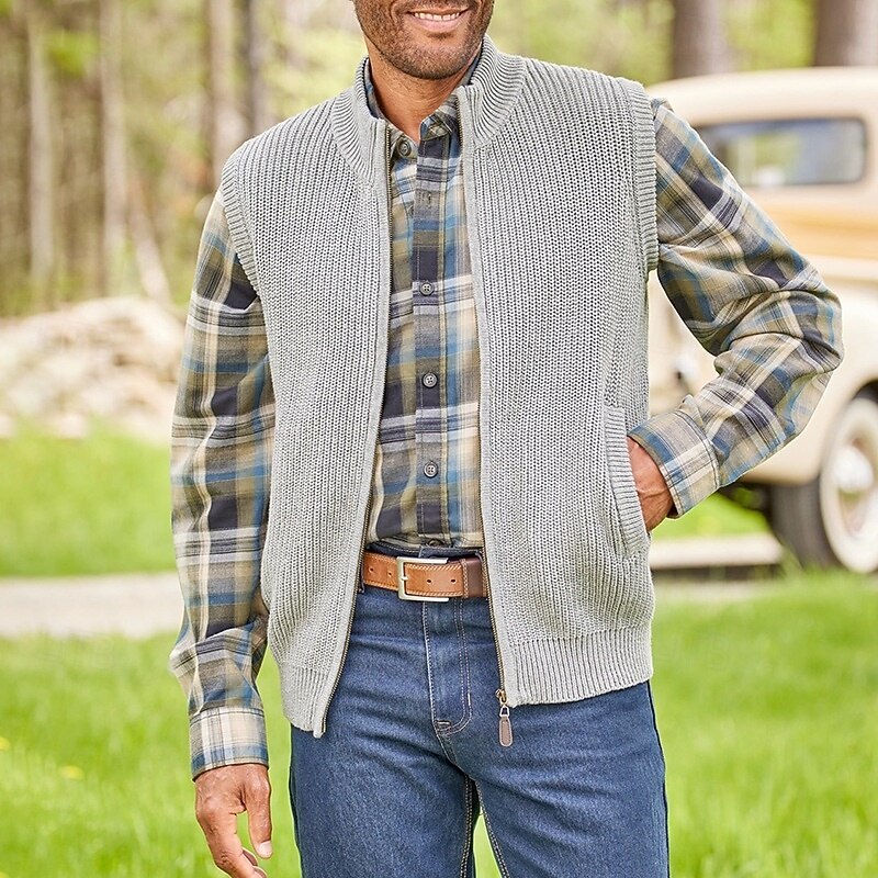 Men's Sweater Sweater Vest Cardigan Sweater Zip Sweater Ribbed Knit Regular Tops Knitted Plain High Neck Vacation Fashion Casual Daily Wear Clothing Apparel Spring &  Fall Navy Blue Gray S M L2
