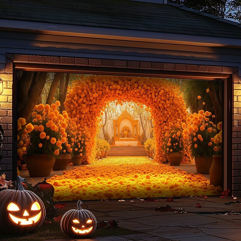 Day of the Dead Tapestry Garage Door Cover Large Hanging Backdrop Marigold Dark Punk Gothic Style Party Outdoor Shooting Backgrounds Front Door Home Decor3