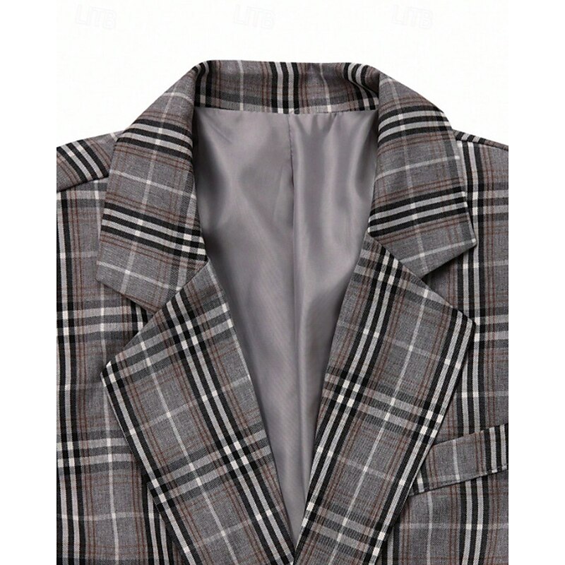 Men's Blazer Set Business Cocktail Party Wedding Party 2 Piece Fashion Casual Spring Fall Polyester Plaid Pocket Buttons Comfortable Single Breasted Blazer Gray3