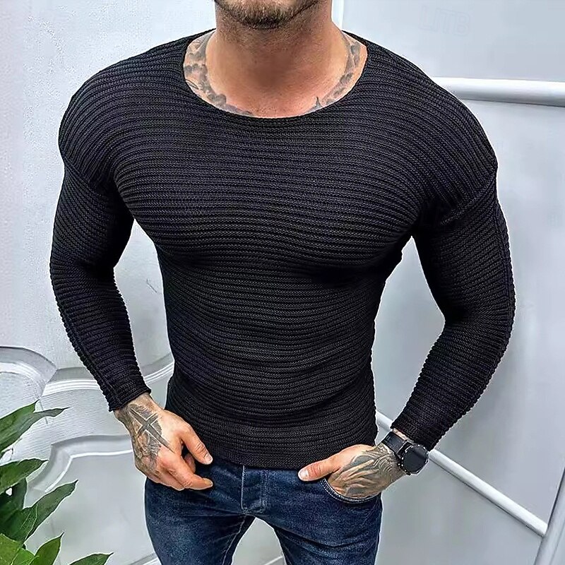 Men's Sweater Pullover Sweater Jumper Ribbed Knit Regular Tops Knitted Slim Fit Plain Crew Neck Knitwear Contemporary Casual Daily Wear Clothing Apparel All Seasons Black White M L XL2