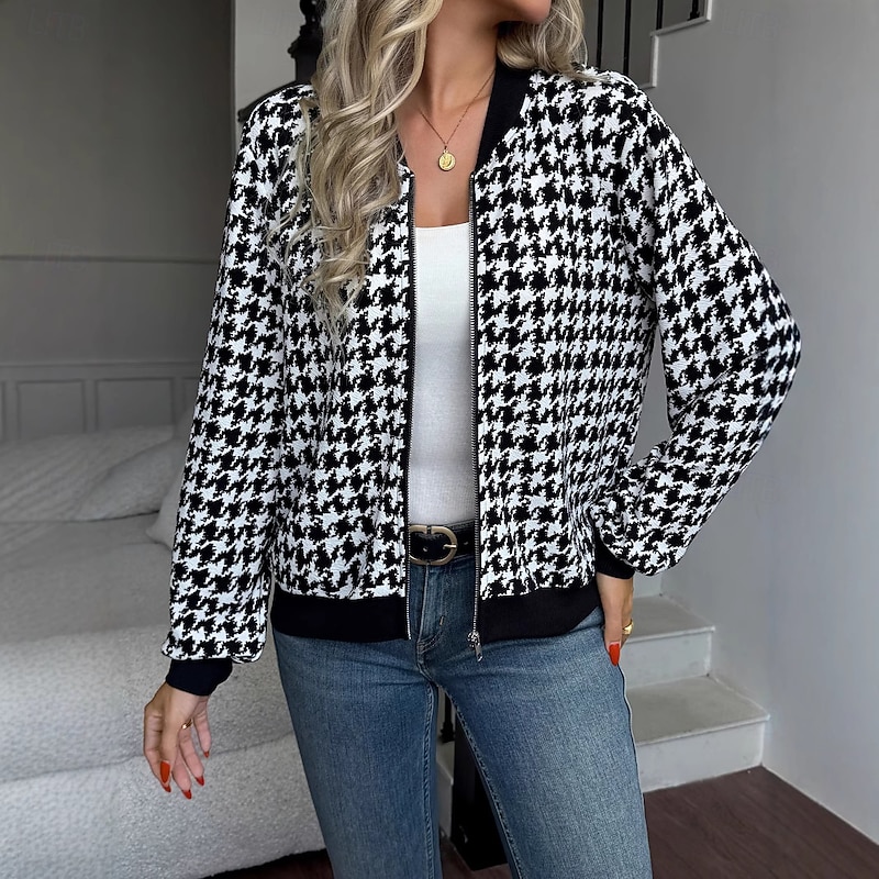 Women's Casual Jacket Comfortable Zipper Pocket Vintage Houndstooth Vacation Home Office Daily Regular Baseball Collar Regular Fit Long Sleeve Outerwear Black Spring Fall2