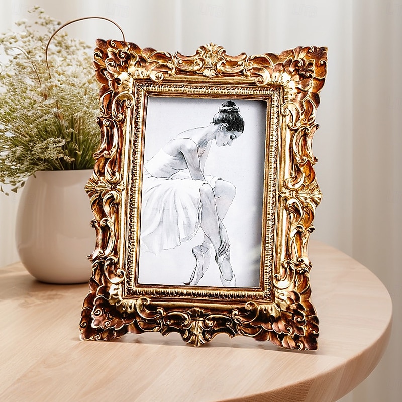 Vintage Ornate Resin Photo Display Frame – European Baroque Style Picture Frame with 3D Carved Pattern, Hand-Painted Decorative Frame for Home Decor and Photography Props