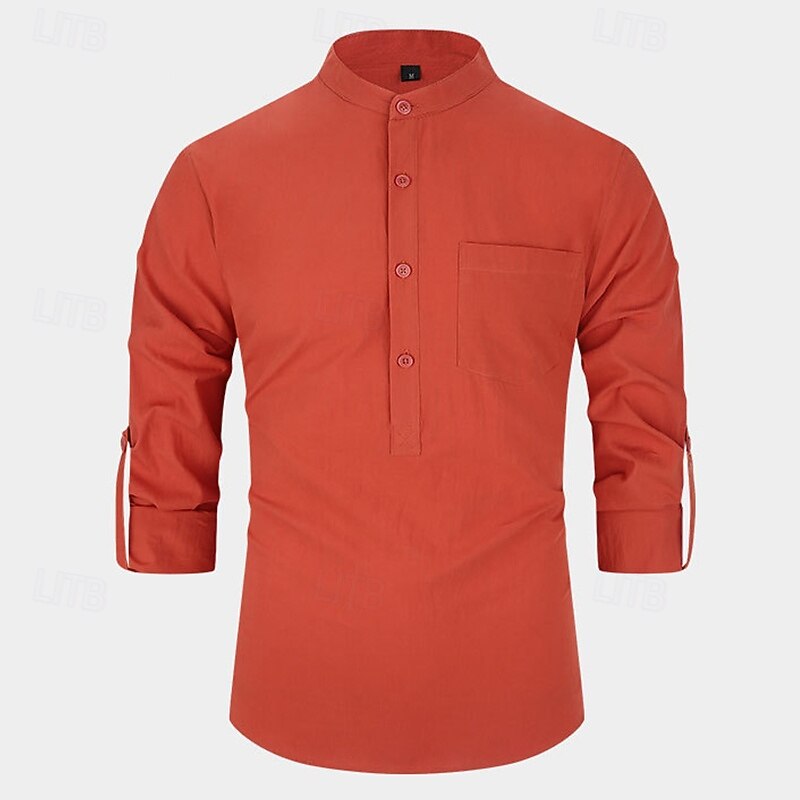 Men's Shirt Band Collar Shirt Popover Shirt Casual Shirt Black White Yellow Red Navy Blue Long Sleeve Plain Henley Daily Going out Front Pocket Clothing Apparel Elegant Fashion2