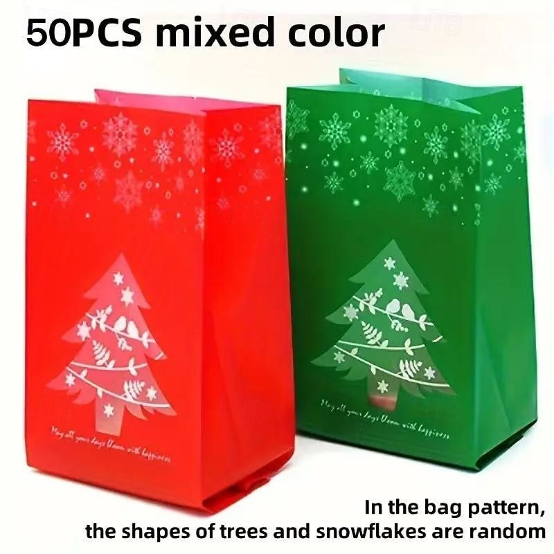 50PCS Christmas Plastic Gift Bag - Mixed Color with Snowflake and Christmas Tree Patterns Reusable Holiday Party Decoration Christmas Package Gift Supplies Christmas Decorations Stickers Not Included4