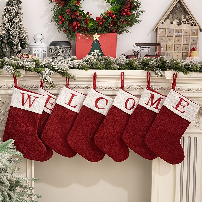 Christmas Stocking Red Knitted Letter Design Medium Size Embroidered Alphabet Holiday Sock DIY Gift Bag for Home Fireplace Festive Christmas Party Decoration Accessory - Main Image