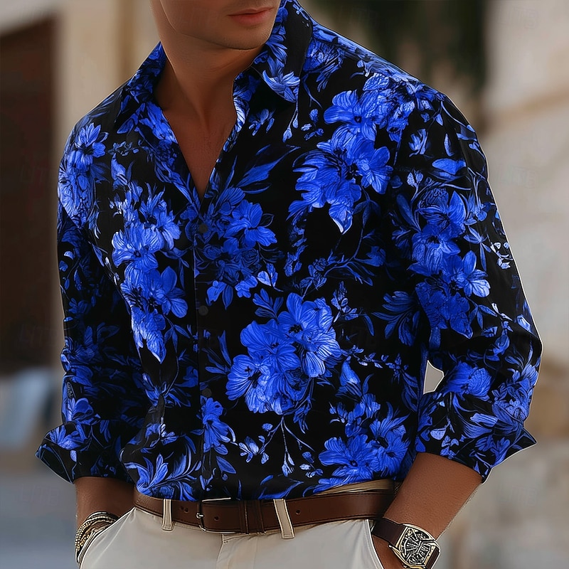 Men's Floral Print Neon Flowers Shirt Button Up Shirt Casual Dress Shirt Long Sleeve Hawaiian Vacation Daily Streetwear Summer Spring Turndown 3D Print Collared Shirts Black