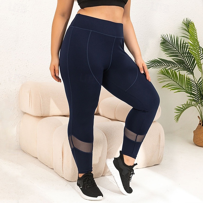 Women's Compression Pants Yoga Leggings Large Size Tummy Control High Waist Gym Athletic Running Bottoms Solid Color Black Blue Fall Sports Activewear