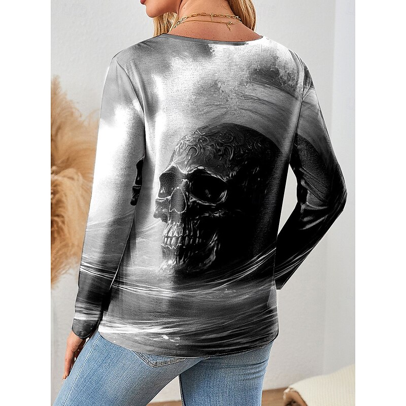 Halloween Women's T Shirt Skulls Graphic Vintage Fashion Stylish Long Sleeve Crew Neck Regular Tops Daily Weekend Print Blue Purple Green Gray Spring Fall Winter2