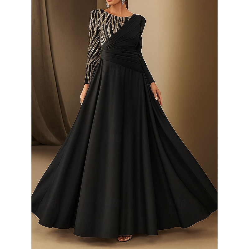 Black and Gold Sequin Lace Appliques A-Line Evening Gown Elegant Dress Formal Wedding Floor Length Long Sleeve Boat Neck Satin with Pleats 2025
