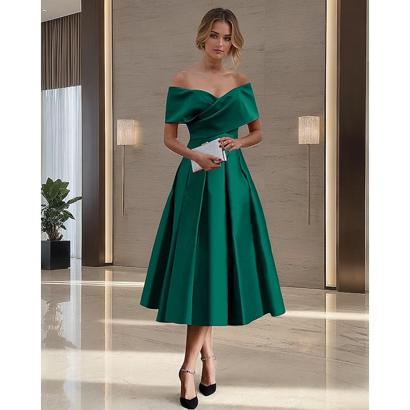 Dark Green A-Line Cocktail Dresses Elegant Dress Formal Wedding Tea Length Off Shoulder Stretch Satin with Pleats Ruched 2025