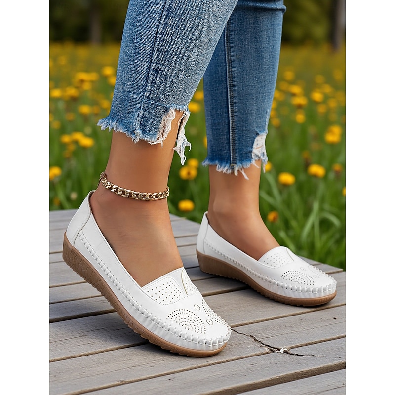 Women's Slip-On Loafers with Laser Cut Details – Casual Flat Moccasin Shoes for Daily Walking and Driving