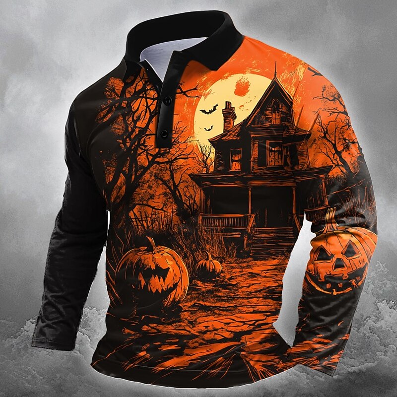 Halloween Men's Pumpkin Castle Polo Long Sleeve Polo Shirts Lapel Casual Street Athleisure Festival Outfit 3D Print Buttons Spring Fall Winter orange1 Orange  2