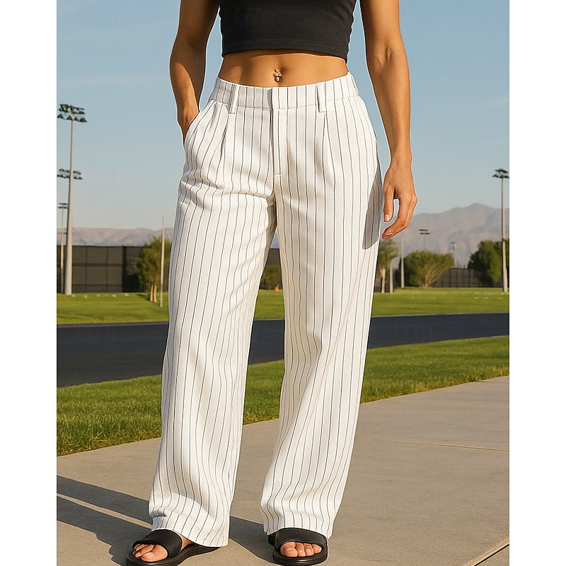 Women's Wide Leg Pants Casual Pants Pocket High Waist Bottoms Athleisure Gym Workout Fall Fashion Outdoor Travel Loose Fit Sportswear Activewear Stripes Black White Burgundy4