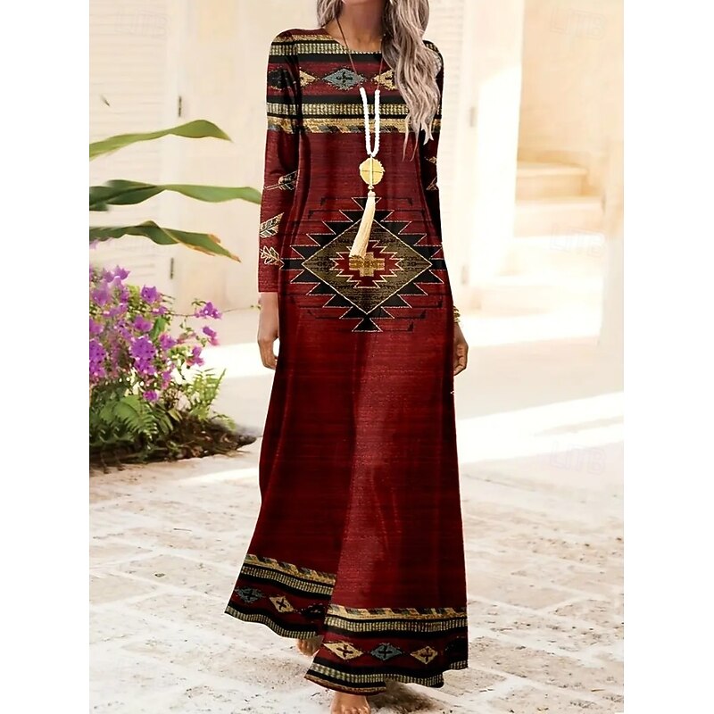 Women's Maxi Dress A Line Dress Summer Dress Vacation Casual Beach Daily Regular Fit Graphic Geometric Paisley Long Sleeve Crew Neck Deep Green Gray Pink Black Pink Summer Spring Fall Winter4